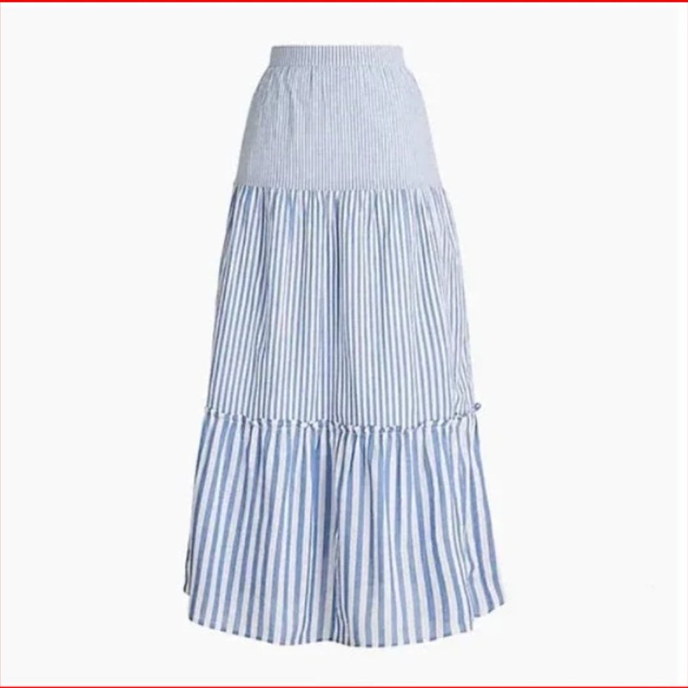 NWT J Crew Striped Tiered Ruffle Maxi Skirt Blue White Size L